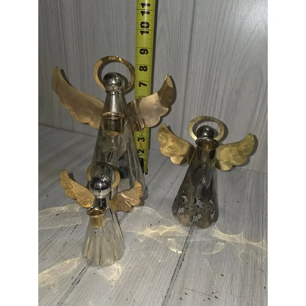 Vintage Angel Candlestick Holders Brass Silver Plated Christmas Decor Set of 3